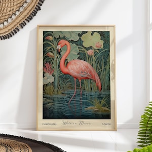 William Morris Flamingo Print - Vintage Botanical Wall Art, Mid-Century Nature Decor