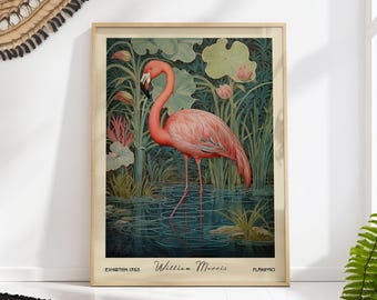 William Morris Flamingo Print - Vintage Botanical Wall Art, Mid-Century Nature Decor
