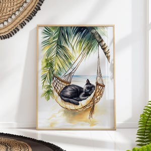 Cat in Hammock Beach Art Print - Relaxing Tropical Poster - Animal Wall Decor | PRINTED on Luxury Paper