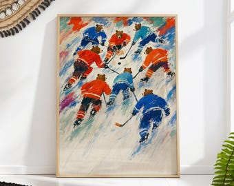 Bears Playing Ice Hockey Print, Colorful Impressionist Sports Wall Art