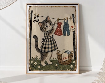 Kitten Laundry Clothesline Print, Funny Cat Wall Art