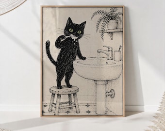 Black Cat Brushing Teeth at Sink Print, Ink Drawing on Cream