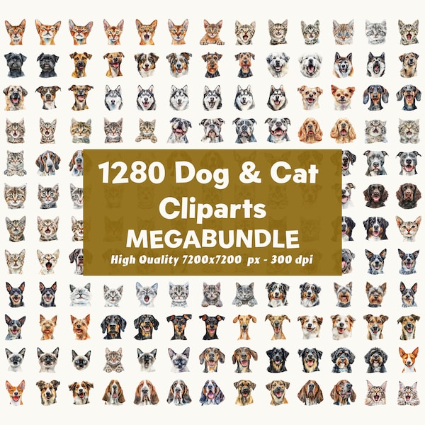 1280 Dogs Cats Bundle Cliparts Sublimation Watercolor Commercial Use Cutting Files PNG