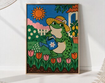Frog Gardener Watering Tulips Print, Garden Illustration