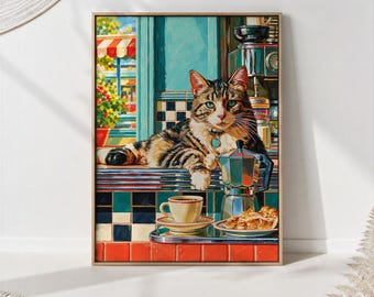 Tabby Cat Diner Print, Coffee Counter Animal Wall Art