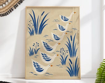 Blue Folk Goose Print:  Geese Scandinavian Bird Wall Art Cottage Decor