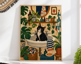 Tuxedo Cat Print: Funny Cat Bathroom Wall Art Boho Plant Lady Decor