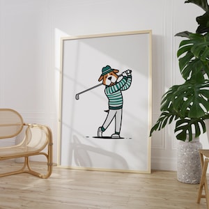 Golf Dog Minimalist Print, Gift for Golfer, Fun Animal Wall Art, , Whimsical Golfing Poster