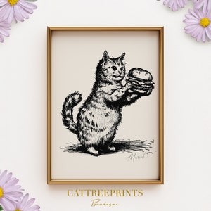 Whimsical Cat with Burger Print Quirky Kitchen Wall Art Meat Lover Decor  | PRINTED on Luxury Paper