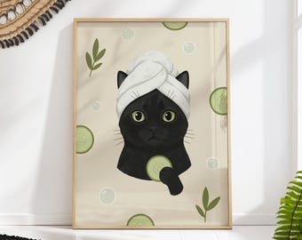 Black Cat Spa Day Print: Pampered Feline Bathroom Wall Art