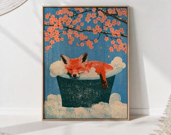 Fox Bubble Bath Print, Cherry Blossom Bathroom Wall Art