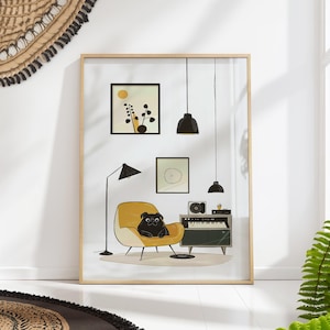 Mid-Century Dog & Music Print – Pug in Yellow Chair, Retro Living Room Illustration
