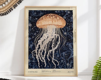 William Morris Jellyfish Poster, Vintage Marine Wall Art, Nautical Nature Decor
