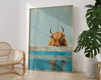 May include: A painting of a brown and white Highland cow with long horns, looking into a blue swimming pool. The cow is sitting on the edge of the pool, with its head and front legs in the water. The background is a light blue sky with white clouds.