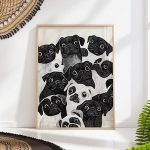 May include: A framed art print showcasing a group of pugs in black and white. The illustration style presents the dogs with diverse expressions. The artwork is set against a neutral backdrop, enclosed within a light wooden frame.