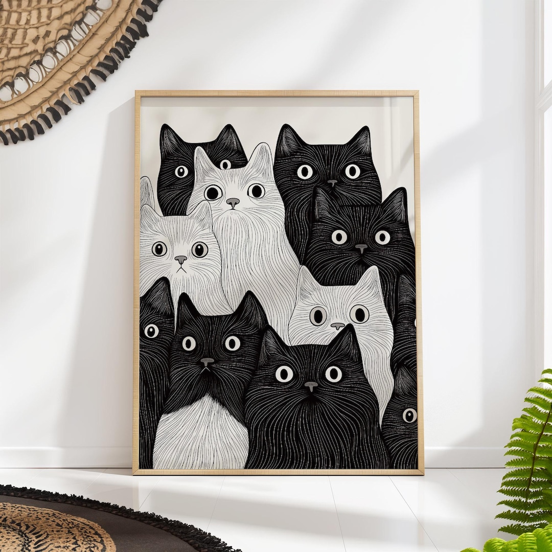 Cat Party Art Print Black & White Minimalist Funny Feline Wall Decor ...