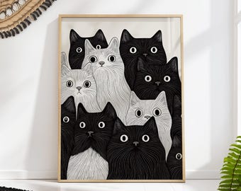 Cat Party Art Print Black & White Minimalist Funny Feline Wall Decor Animal Lover Poster