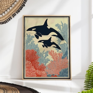 Orca Coastal Wall Art Print, Botanical Coral Ocean Poster, Modern Nautical Decor