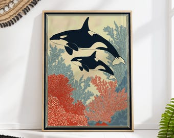 Orca Coastal Wall Art Print, Botanical Coral Ocean Poster, Modern Nautical Decor