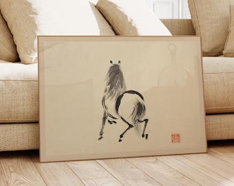 Japanese Ink Horse Print – Tsurusawa Tansaku Sumi-e Brushwork, Wabi-Sabi Minimal Zen Wall Decor