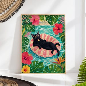 Tropical Black Cat Pool Float Print: Summer Vacation Wall Art