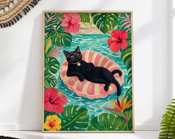 Tropical Black Cat Pool Float Print: Summer Vacation Wall Art