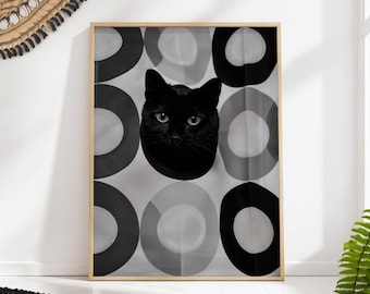 Black Cat Bathroom Art Print: Retro Circles - Modern Monochrome