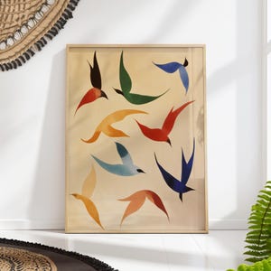 Mid Century Birds in Flight Print - Colorful Abstract Bird Pattern, Retro Minimalist Wall Art