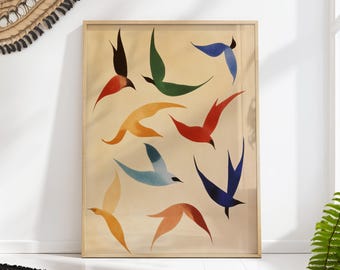 Mid Century Birds in Flight Print - Colorful Abstract Bird Pattern, Retro Minimalist Wall Art