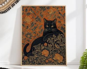 Black Cat with Birds on William Morris Floral, Vintage Maximalist Wall Art