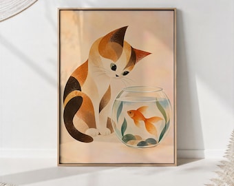 Kitten Watching Goldfish Bowl Print, Nursery Animal Illustration