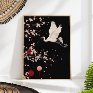 Japanese Crane Art Print, Cherry Blossom Poster, Traditional Asian Wall Decor, Elegant Bird Artwork