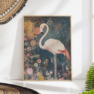 Vintage Flamingo Art Print, Gustav Klimt Bird Poster, Whimsical Animal Wall Decor