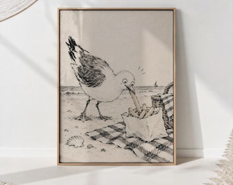 Seagull Stealing French Fries Print, Pen and Ink Sketch