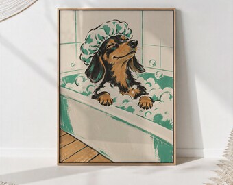 Dachshund in Shower Cap Bubble Bath Print, Mint Green Illustration