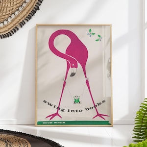 Flamingo Reading Poster – Vintage Book Lover Art Print – Whimsical Library Decor – Kids’ Reading Nook Wall Art – Book Lover Gift