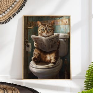 Funny Cat Bathroom Art, Toilet Reading pet Poster, Quirky Animal Wall Decor