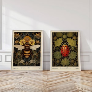 Bee & Ladybug Botanical Print Set – William Morris Insect Wall Art, Cottagecore Nature Decor for Kitchen or Nursery