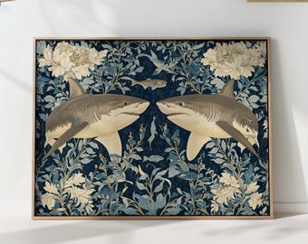 Great White Shark Botanical Print – Vintage Ocean Animal Wall Art