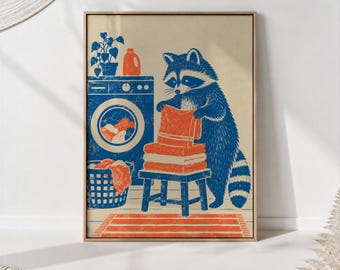 Raccoon Folding Towels by Washer Print, Laundry Illustration