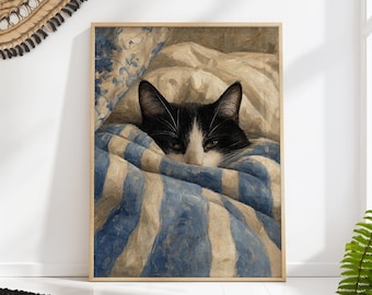 Tuxedo Sleeping Cat Print: Vintage Sleeping Animal Bedroom Cozy Wall Art