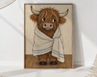 Highland Cow in Striped Bath Towel Print, Stitched Illustration
