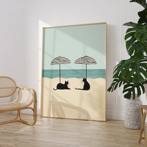 Beach Cats Under Umbrellas - Minimalist Coastal Art Print  | PRINTED on Luxury Paper