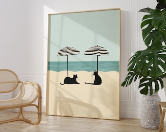 Beach Cats Under Umbrellas - Minimalist Coastal Art Print  | PRINTED on Luxury Paper