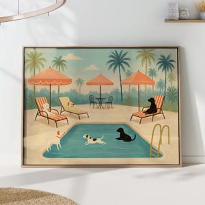 Dogs at the Pool Tropical Print – Mid-Century Summer Illustration, Playful Pet Wall Art for Kids Room, Beach House or Dog Lovers