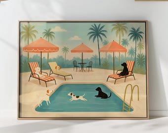 Dogs at the Pool Tropical Print – Mid-Century Summer Illustration, Playful Pet Wall Art for Kids Room, Beach House or Dog Lovers