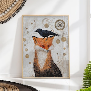 Fox and Raven Art Print - Klimt Inspired Poster - Fable Wall Decor Gift
