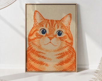Orange Tabby Cat Portrait Print, Riso Ink Illustration