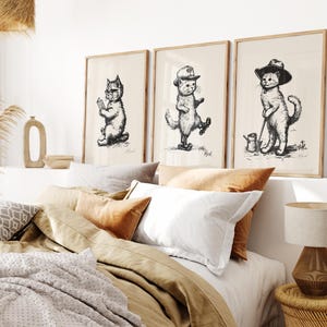 Vintage Cat Illustration Prints - Set of 3 Whimsical Feline Wall Art | PRINTED on Luxury Paper