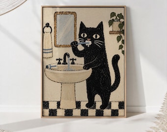 Black Cat Brushing Teeth Print, Textured Folk Illustration